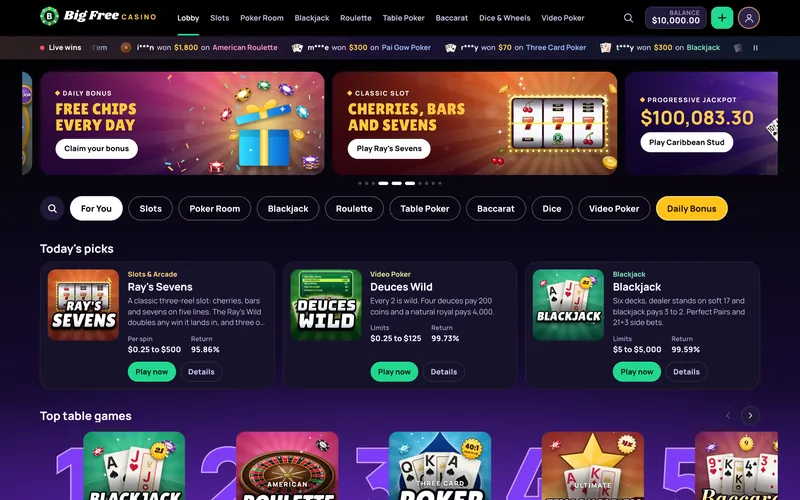 Big Free Casino, play-money casino site built by Miles Media