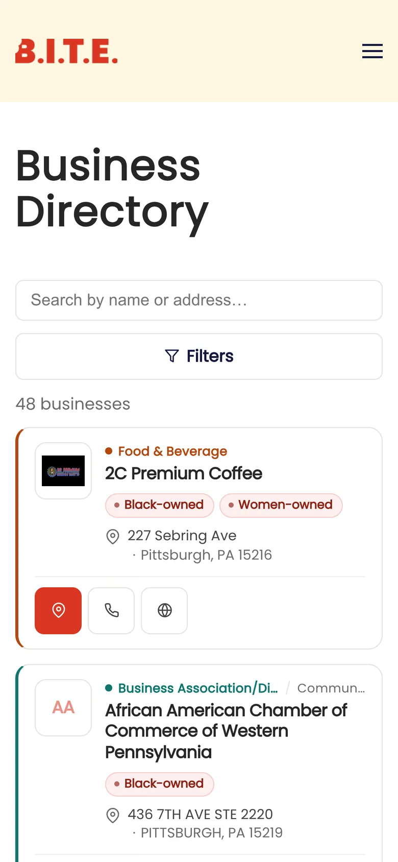 Bite PGH business directory on a phone