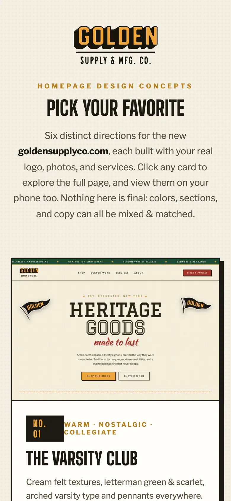 Golden Supply website concepts on a phone