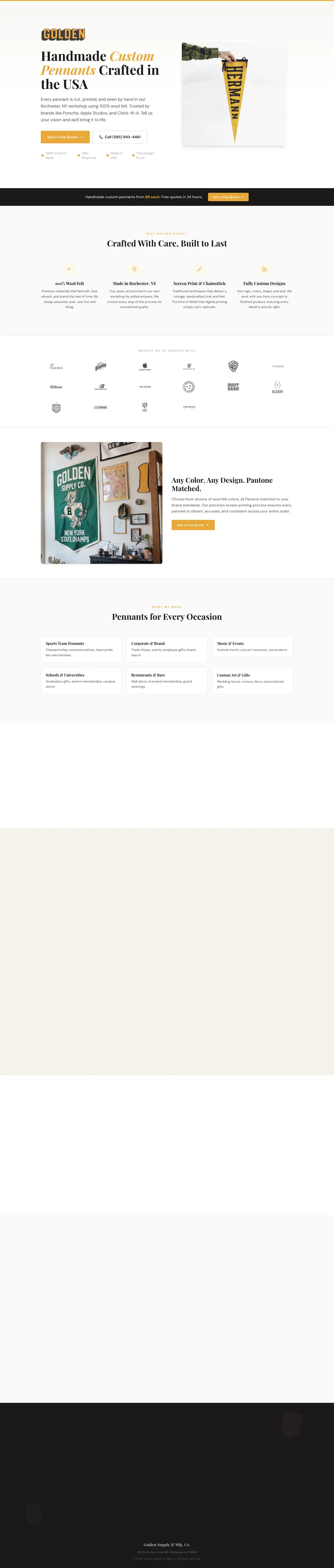 Full page of Golden Supply pennant landing page
