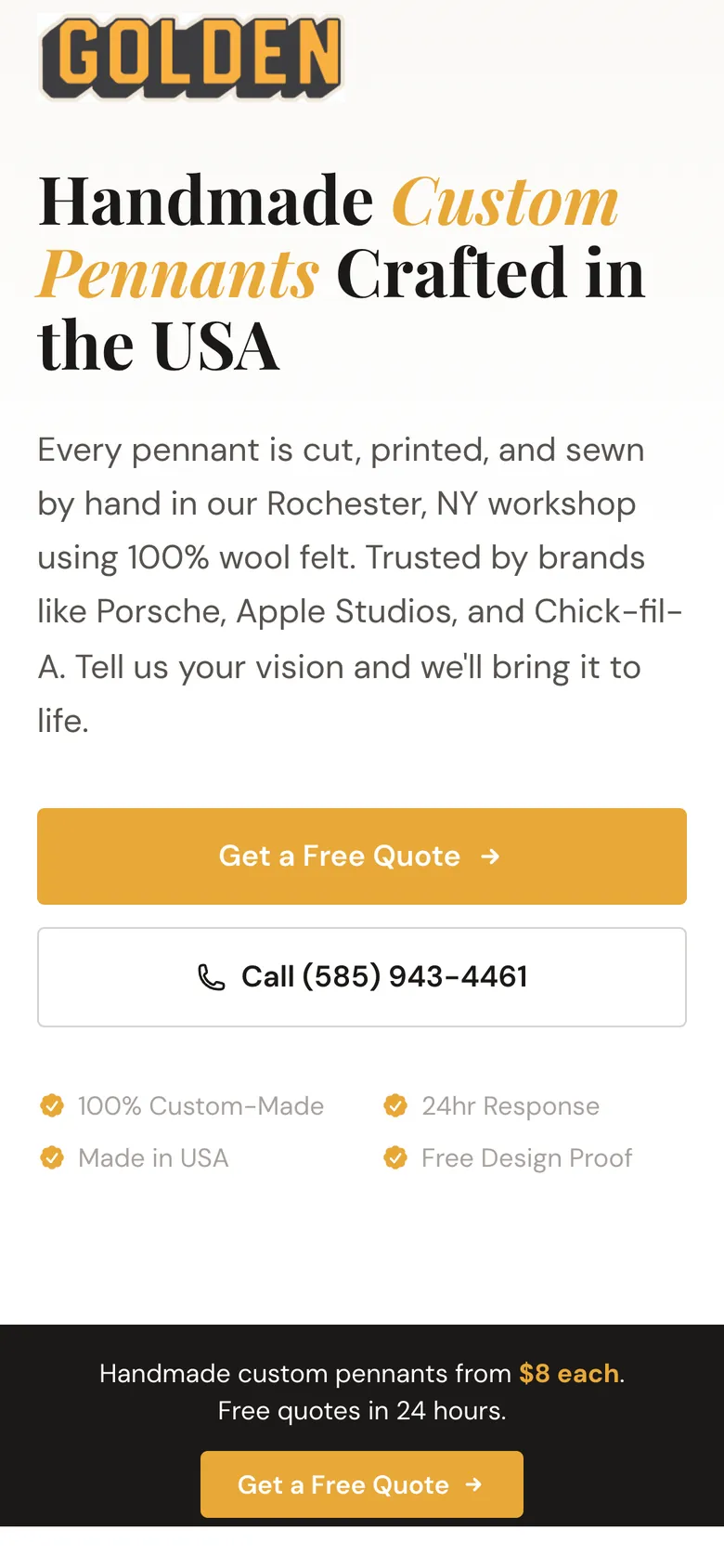 Golden Supply pennant landing page on a phone