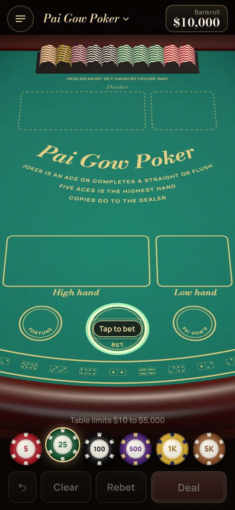 Pai Gow Poker on a phone