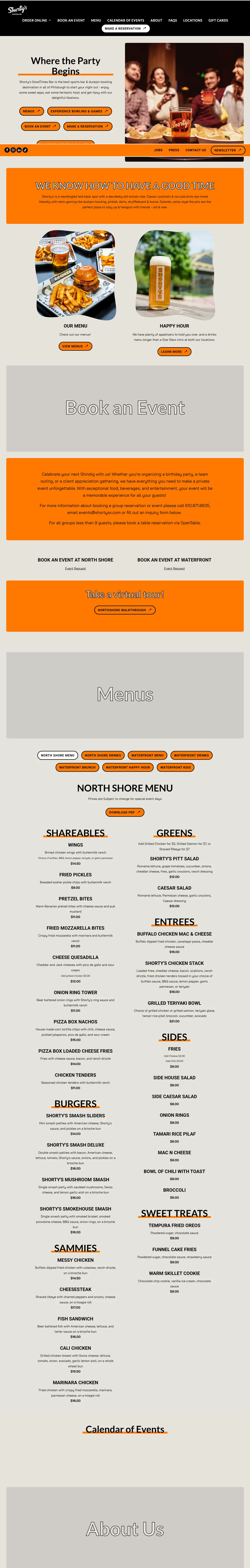 Full page of Shorty's Waterfront Menus